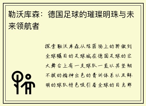 勒沃库森：德国足球的璀璨明珠与未来领航者