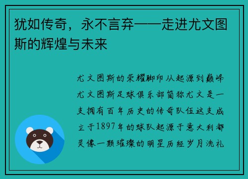 犹如传奇，永不言弃——走进尤文图斯的辉煌与未来